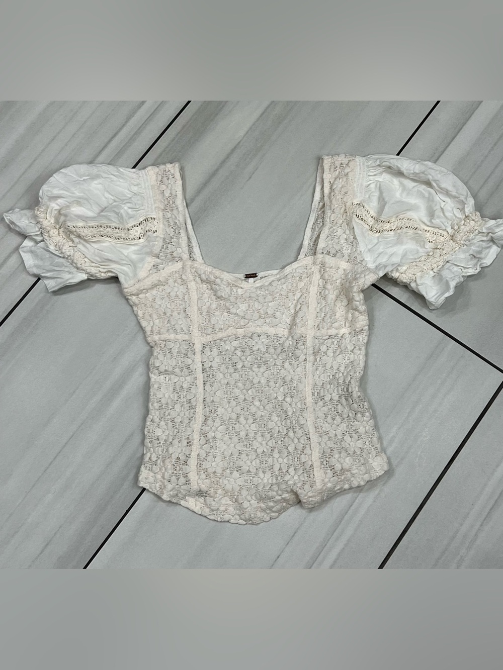 Free People Ivory Cream Lace Square Neck Boho Cottagecore Top Blouse Small